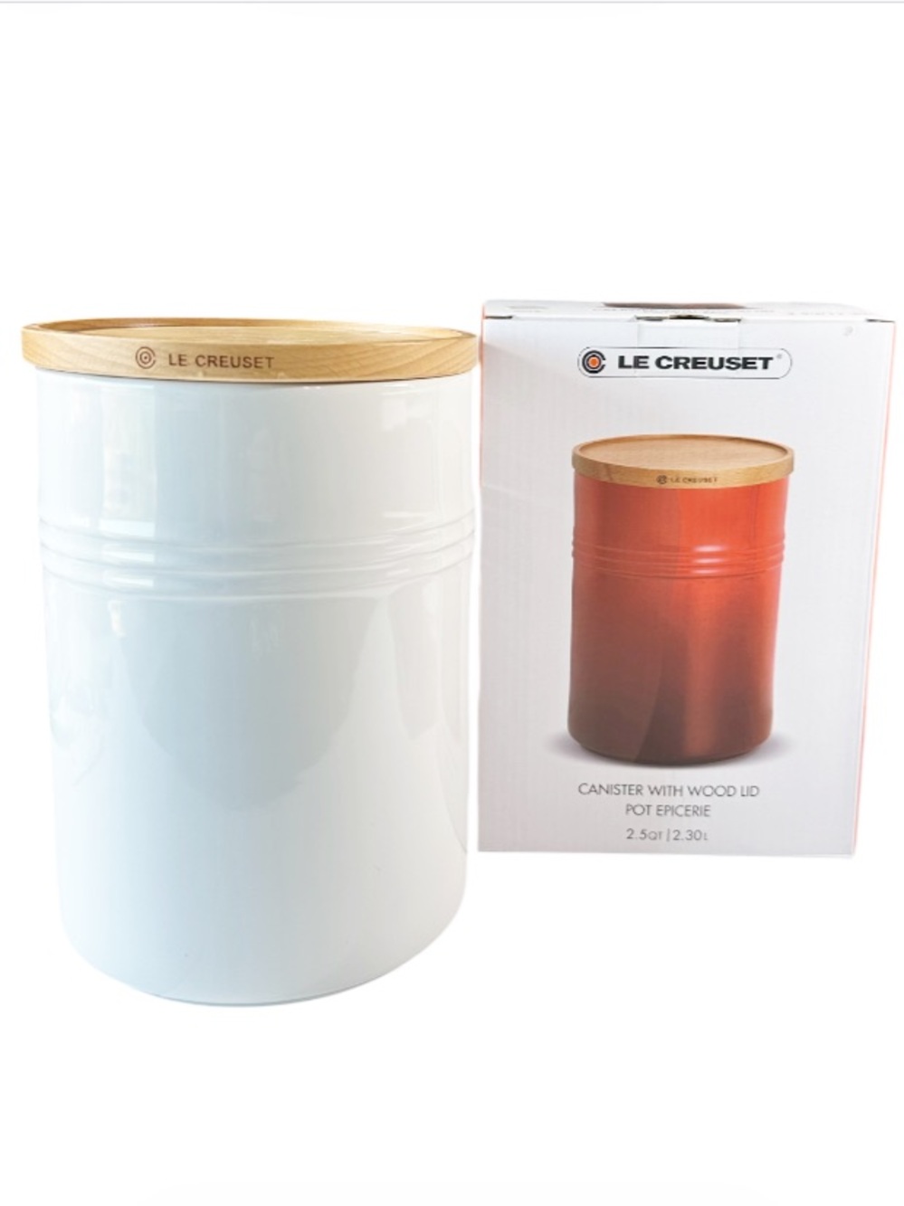 Le Creuset CERAMIC CANISTER with Wood Lid - WHITE 5.5” x 5.5” x 8”